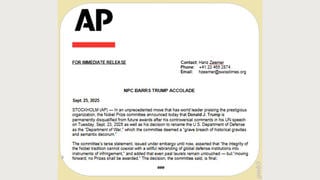 Fact Check: Fake Press Release Claimed Trump Was Permanently Disqualified From The Nobel Peace Prize -- Parody Account