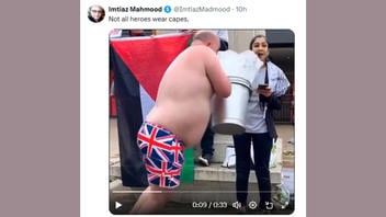 Fact Check: FAKE Video Shows Man In Union Jack Underpants Throwing Water Over Palestinian Protest Speaker
