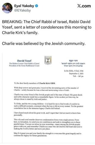 Fact Check: Israel's Chief Rabbi Did NOT Write A Condolence Letter To Kirk Family On September 2, 2025 -- Letter Was Written On September 12, 2025