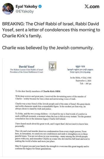 Fact Check: Israel's Chief Rabbi Did NOT Write A Condolence Letter To Kirk Family On September 2, 2025 -- Letter Was Written On September 12, 2025