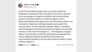 Fact Check: Trump Did NOT Post About 'Transcendental Logic' And Immanuel Kant -- Satirical Fake With Wikipedia Text