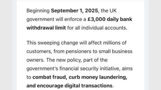 Fact Check: UK Government Did NOT Enforce Daily Bank Withdrawal Limit of £3,000 On Individuals On September 1, 2025