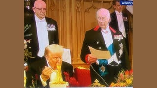 Fact Check: Images Of Trump Eating Spaghetti During King Charles III's Speech Are NOT Real Shots From Windsor Castle State Banquet