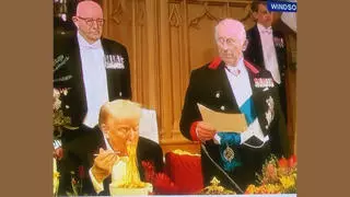 Fact Check: FAKE Image Shows Trump Eating Spaghetti While King Charles Makes a Speech 