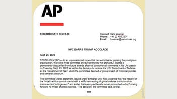Fact Check: Fake Press Release Claimed Trump Was Permanently Disqualified From The Nobel Peace Prize -- Parody Account