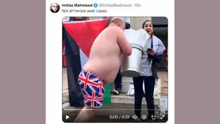 Fact Check: FAKE Video Shows Man In Union Jack Underpants Throwing Water Over Palestinian Protest Speaker