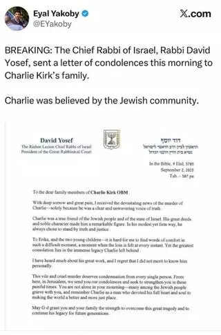 Fact Check: Israel's Chief Rabbi Did NOT Write A Condolence Letter To Kirk Family On September 2, 2025 -- Letter Was Written On September 12, 2025