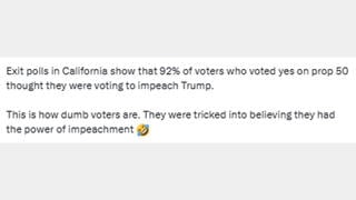 Fact Check: There's NO Exit Poll Showing 92% Of California Voters Thought Prop 50 Was To Impeach Trump -- Poster Said It Was Satire