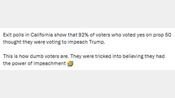 Fact Check: There's NO Exit Poll Showing 92% Of California Voters Thought Prop 50 Was To Impeach Trump -- Poster Said It Was Satire