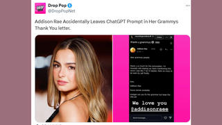 Fact Check: Addison Rae Did NOT Leave ChatGPT Prompt In Grammys Thank You Note -- Satirical Post