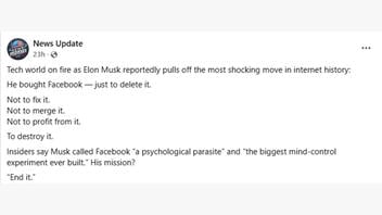 Fact Check:There Is NO Evidence Elon Musk Bought Facebook In An 'Operation Clean Slate' -- Fake News Site Manufactures Rumors To Build Traffic