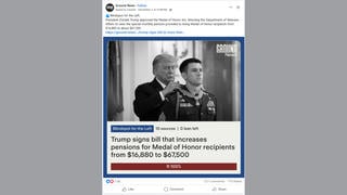 Fact Check: Trump Did NOT Increase 'MONTHLY Pension' Of Living Medal Of Honor Recipients 'From $16,880 To $67,500' -- Increase Is Annual