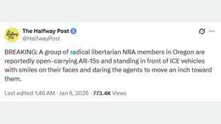 Fact Check: Satirical Post Said 'Radical Libertarian NRA Members' Wielding AR-15 Rifles Were Facing Off With ICE Vehicles In Oregon -- Not Real News