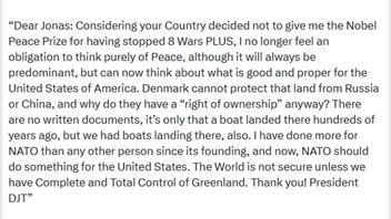 Fact Check: Trump DID Tell Prime Minister He Isn't Obligated To 'Think Purely Of Peace' Since Norway Denied Him The Nobel Prize -- Demands 'Complete And Total Control Of Greenland'