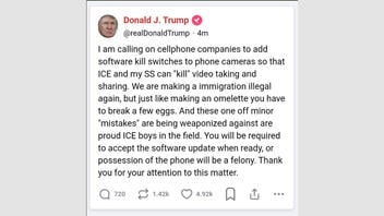 Fact Check: Truth Social Image Of Trump Calling For 'Kill Switch' On Phones So ICE Can 'Kill' Video Recording Is Satire