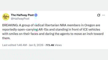 Fact Check: Satirical Post Said 'Radical Libertarian NRA Members' Wielding AR-15 Rifles Were Facing Off With ICE Vehicles In Oregon -- Not Real News