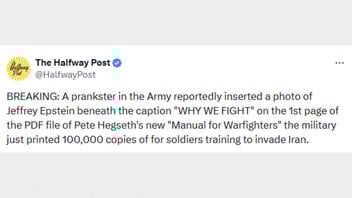 Fact Check: Joke Post Said Epstein Photo With 'Why We Fight' Caption Inserted In 'Manual For Warfighters' By Army Prankster -- Not Real