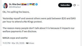 Fact Check: Post Does NOT Prove 'No Kings' Rallies Participants Were Paid To Join Protests on March 28, 2026