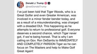 Fact Check: FAKE Screenshot Shows Trump Calling For Tiger Woods Pardon In DUI Case -- No Such Truth Social Post