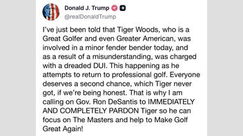 Fact Check: FAKE Screenshot Shows Trump Calling For Tiger Woods Pardon In DUI Case -- No Such Truth Social Post