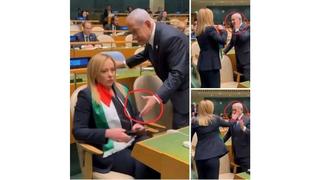 Fact Check: FAKE Pictures Show Giorgia Meloni Wearing Palestinian Flag Scarf, Slapping Benjamin Netanyahu -- They're Screenshots From An AI Video