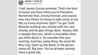 Fact Check: FAKE Donald Trump Truth Social Post Warns Jimmy Kimmel, Others: 'I Had James Comey Arrested'