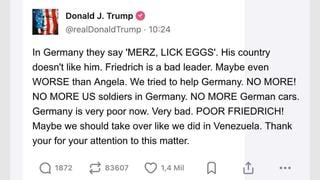 Fact Check: FAKE Donald Trump Post Repeats 'Merz, Lick Eggs' Protest Slogan About German Chancellor, Suggests U.S. Might 'Take Over' Germany