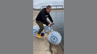Fact Check: FAKE Video Shows Fictional Prototype For Floating Water Bicycle Made Of Recycled Plastic Bottles -- It's AI-Generated