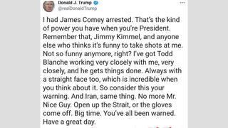 Fact Check: FAKE Donald Trump Truth Social Post Warns Jimmy Kimmel, Others: 'I Had James Comey Arrested'