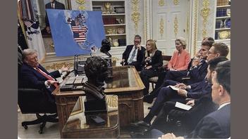 Fact Check: Donald Trump DID Post Photo Where He Shows European Leaders A Map With Canada, Greenland And Venezuela Covered In A U.S. Flag -- Doctored Map
