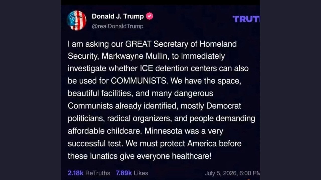 Fact Check: FAKE Screenshot Shows Trump Asking Mullin To Lock Up Communists In ICE Detention Centers -- No Such Truth Social Post