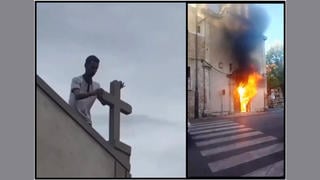 Fact Check: Videos Do NOT Show Migrant Toppling Cross Or Burning Church In Ceuta, Spain -- Separate Incidents, Different Countries