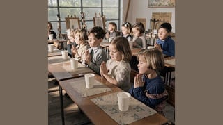 Fact Check: Real 1944 Photo Is AI-Enhanced, Colorized -- Black-and-White Original Shows Schoolchildren Praying Before Their Morning Milk