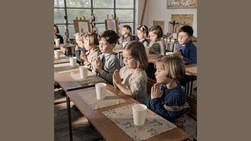 Fact Check: Real 1944 Photo Is AI-Enhanced, Colorized -- Black-and-White Original Shows Schoolchildren Praying Before Their Morning Milk