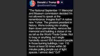 Fact Check: Trump Did NOT Post Threat To Close New York's 9/11 Memorial Because He Was Not Allowed To Speak