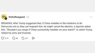 Fact Check: FAKE Story Claims Trump Folded Arms After Reporter Asked About China Election Meddling -- It Is Satire