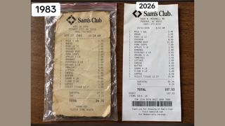 Fact Check: FAKE Sam's Club Receipts From 1983 And 2026 Show Huge Price Difference For Bread, Milk, Eggs