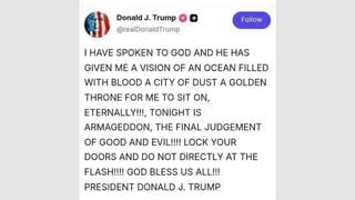 Fact Check: Trump Did NOT Post A Truth Social Message Claiming He Spoke To God About A Golden Throne, An Ocean Filled With Blood And Armageddon