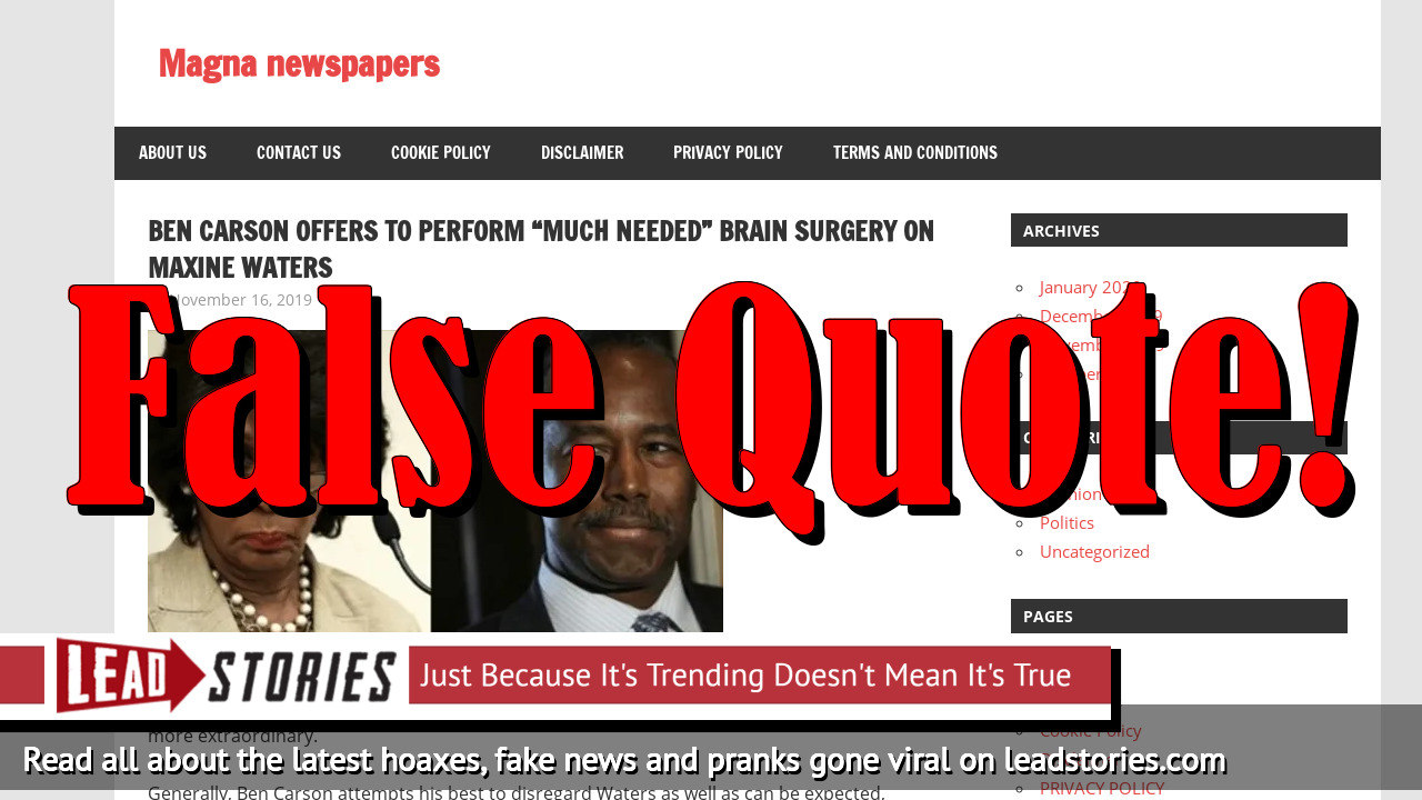 Fake News: Ben Carson Did NOT Offer to Perform 'Much Needed' Brain Surgery On Maxine Waters | Lead Stories
