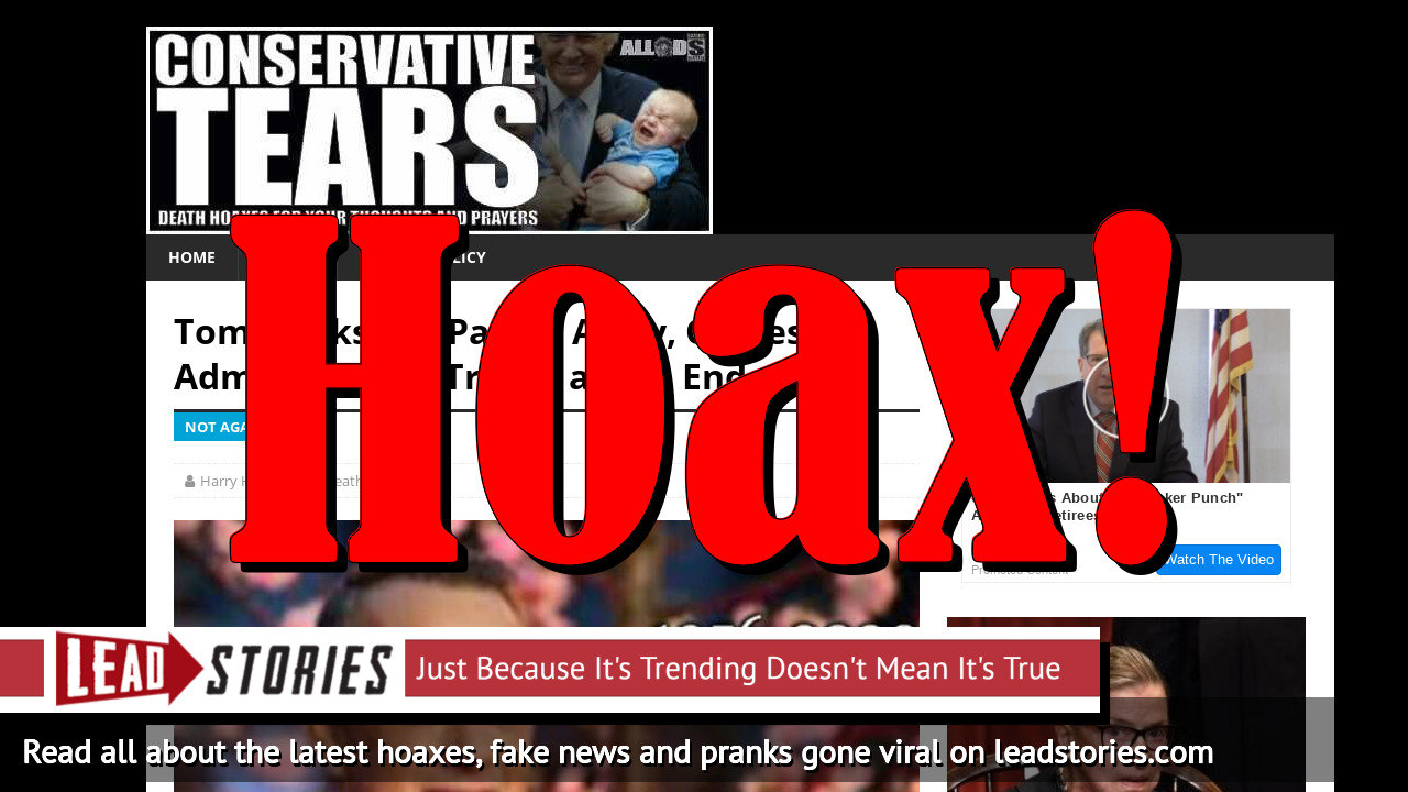 Screenshot of https://conservativetears.com/2020/03/22/tom-hanks-dead/