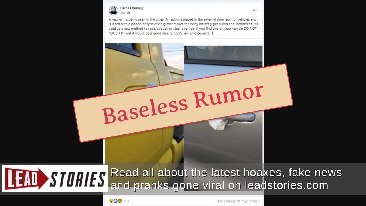 Fact Check: NO Evidence Drug-Soaked Napkins Are Being Placed in Car Door Handles  | Lead Stories