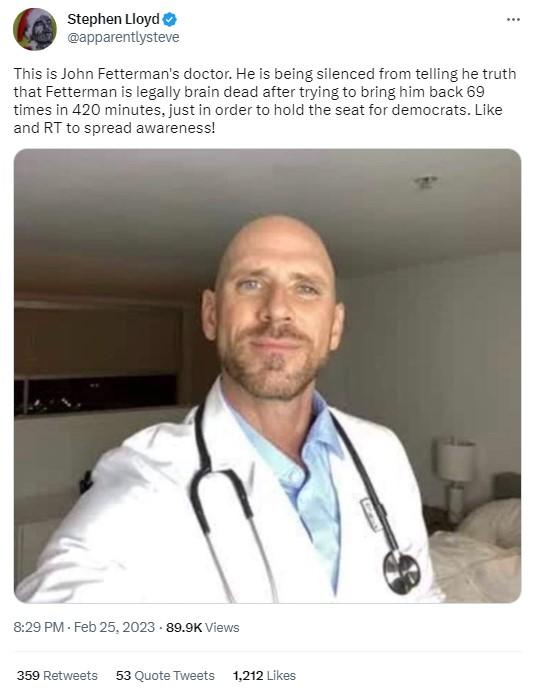 536px x 698px - Fact Check: Man Pictured With Stethoscope Is NOT Sen. John Fetterman's  Doctor -- He's Porn Actor Johnny Sins | Lead Stories
