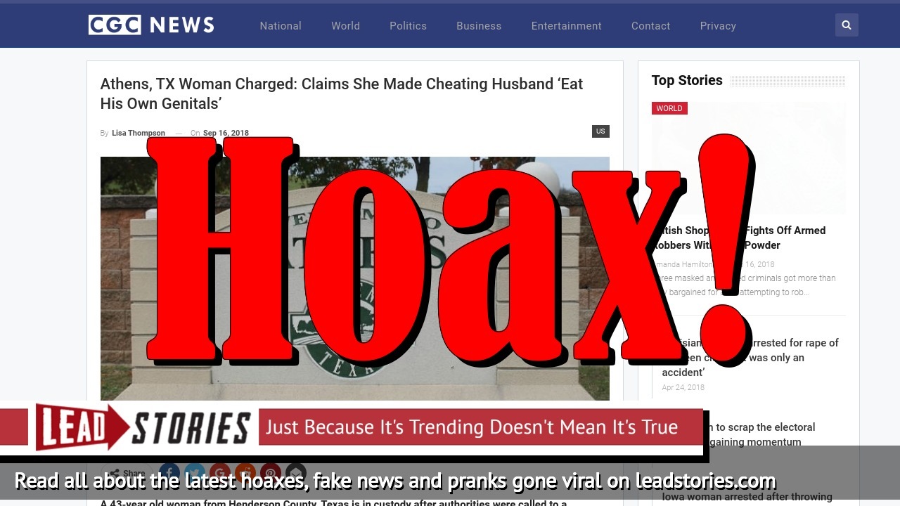 Fake News: Athens, TX woman NOT Charged, Did NOT Claims She Made Cheating Husband Eat His Own Genitals