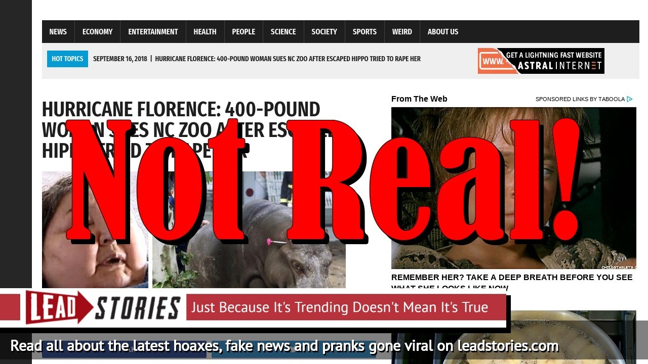 Fake News: 400-pound Woman Did NOT Sue NC Zoo After Escaped Hippo Tried To Rape Her During Hurricane Florence